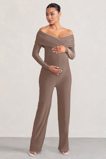 Nuala Mocha Bardot Maternity Jumpsuit with Long Sleeves